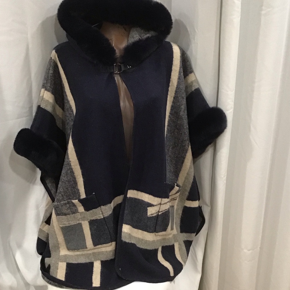 NWT Stylish Hooded Poncho with Black and Beige Accents